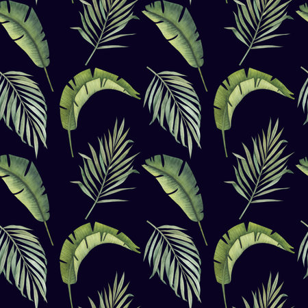 Watercolor seamless pattern with palm and banana leaves, isolated without background. Tropical hand drawn clipart. Watercolor illustration for printing on postcards, covers, fabrics, packaging.の写真素材