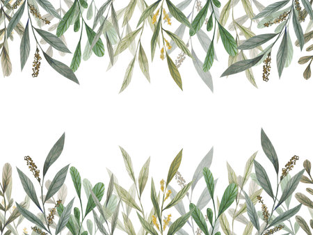 Greenery seamless double border isolated on white background. Wallpaper from pattern with herb and bushes branches with leaves in watercolor stylization. Hand drawn watercolor clipart.の写真素材