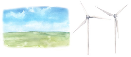 Watercolor illustration of landscape with windmills. Hand-drawn clipart on the theme of ecology....
