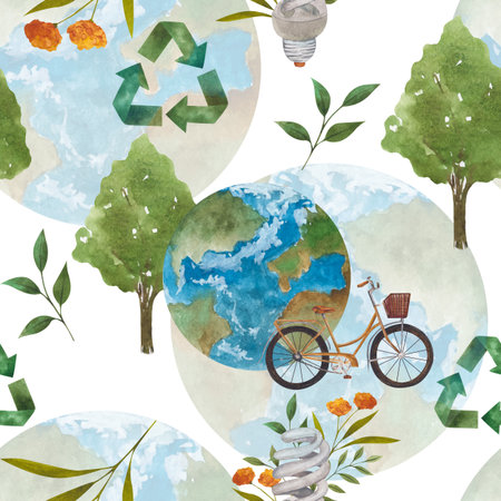 Seamless pattern with leaves, planet, recycling sign and inscription on a theme zero waste on white...