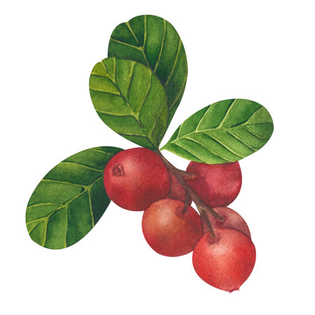 Hand drawn Watercolor Red lingonberry. Set of Cranberry. Illustration of forest wild plants. Isolated objects on white background for packaging design, postcards, print.の写真素材