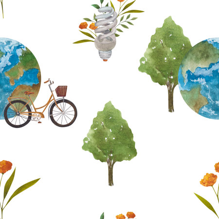 Seamless pattern with leaves, planet, recycling sign and inscription on a theme zero waste on white...