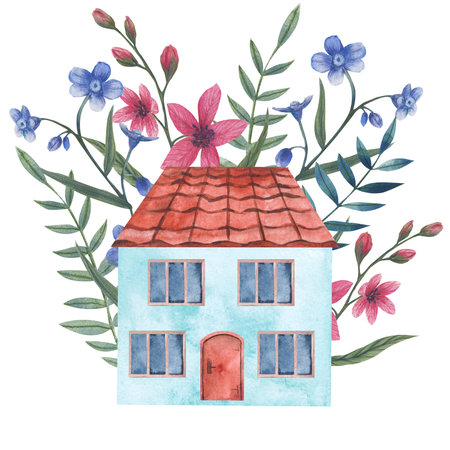 Watercolor illustration of a house in forget-me-nots flowers. Illustration for your design of cards, invitations, backgrounds and other purposes. Isolated clipart.の写真素材