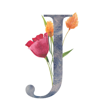 Letter F with watercolor wildflowers. Floral alphabet, set isolated letters with botanical bouquet. monogram initials perfectly for wedding invitation, birthday, greeting card and other designの写真素材