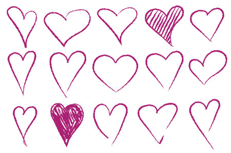 Set of hand drawn hearts. Vector illustration in graphic style. Purple hearts for design for saint valentine, logos, cards, tattoo.のイラスト素材