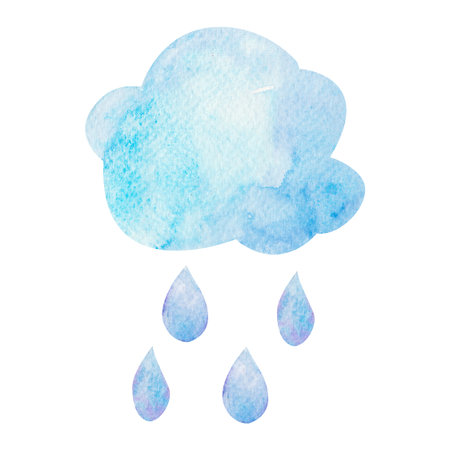 Watercolor illustration of a cute pink cloud with raindrops. Isolated clipart in childrens style for product design, childrens party and baby shower.の写真素材