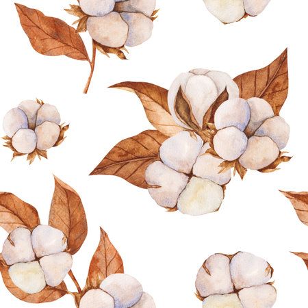 watercolor seamless pattern with cotton buds and dry leaves. Realistic botanical background for invitation,Holiday Winter Set, New Year clipart, decorations, Greeting card.の写真素材