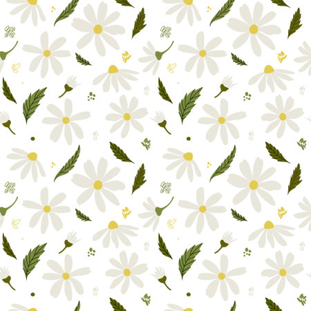 White daisy chamomile flowers. Chamomile vector seamless pattern. Cute round flower head plant nature collection. Decoration element. Flat design for cards, packaging, prints, textile.のイラスト素材