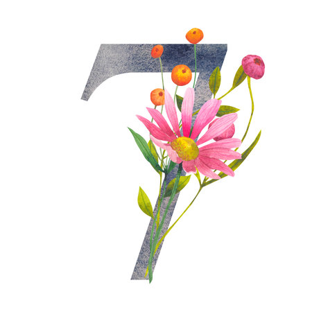 Floral Number 7 seven. Watercolor element with botanical wildflowers bouquet. Wedding invitations, greeting card, birthday, logo, poster other ideas. lettering element for postcard design.の写真素材