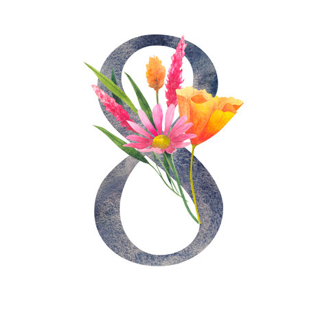 Floral Number 8 eight. Watercolor element with botanical wildflowers bouquet. Wedding invitations, greeting card, birthday, logo, poster other ideas. lettering element for postcard design.の写真素材