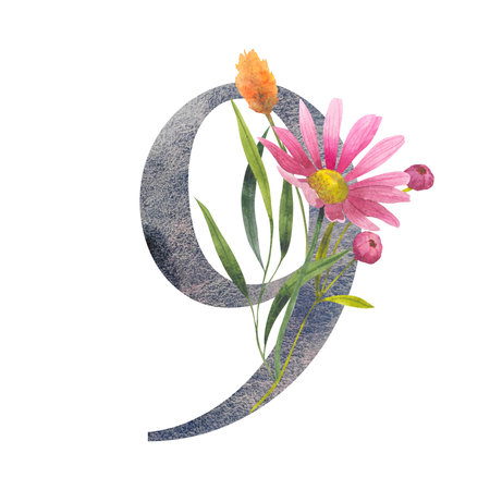 Floral Number 9 nine. Watercolor element with botanical wildflowers bouquet. Wedding invitations, greeting card, birthday, logo, poster other ideas. lettering element for postcard design.の写真素材