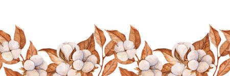 Cotton buds and dry leaves. Watercolor illustration. Seamless horizontal border. Realistic botanical composition. Wedding invitation, Holiday Winter Set, New Year clipart, decorations, Greeting card.の写真素材