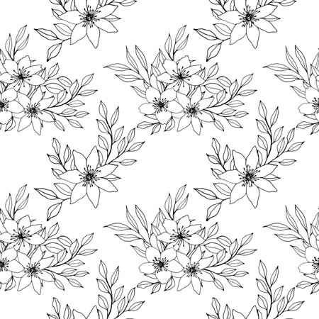 Seamless pattern with vector hand drawn flower, leaves and branch composition. Elegant print for decoration. ink hand drawing monochrome botanical illustration for backgrounds.のイラスト素材