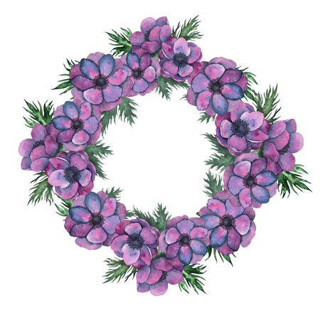 anemone flowers frame in Bright purple colors. Hand drawn Watercolor floral illustration isolated on on white. Botanical art for wedding anniversary, birthday, invitations.の写真素材