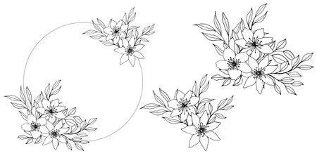 vector wreath with flower, leaves and branch. Elegant round frame with space for text. ink hand drawn monochrome botanical illustration for backgrounds. Template for wedding cards, polygraph, logo.のイラスト素材
