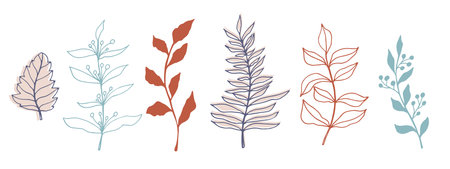 vector contour branch and leaves for harvest festival poster. Elegant silhouette and outline element in trendy pastel colors. hand drawn botanical illustration for wedding design, cards, logo, tattoo.のイラスト素材