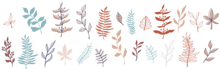 vector contour branch and leaves for harvest festival poster. Elegant silhouette and outline element in trendy pastel colors. hand drawn botanical illustration for wedding design, cards, logo, tattoo.のイラスト素材