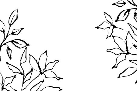 Frame with vector flowers and branches with leaves in Chinese ink calligraphy style. Vector outline template with space for text. Botanical elements for packaging, card, wedding design.のイラスト素材