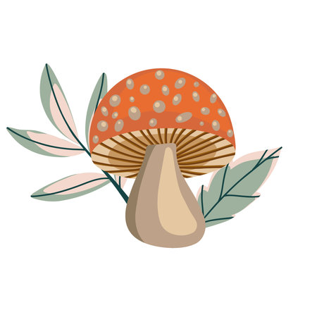 Harvest festival illustration. Vector illustration of fantasy mushroom with leaves. Composition in flat style. Stylized objects.のイラスト素材