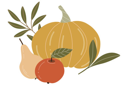 Flat illustration of pumpkin, pear, apple with green leaves. Vector composition for the harvest festival. Clipart for cards, prints, banners on an autumn theme.のイラスト素材