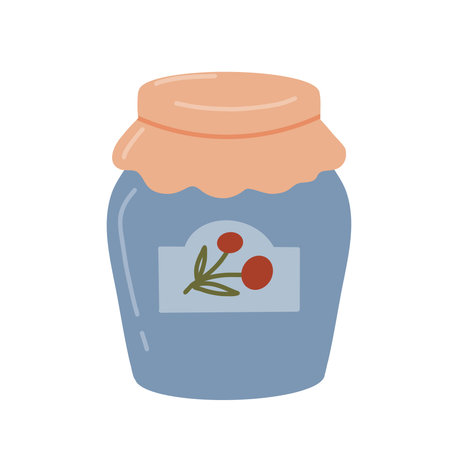 Illustration of a blue jar with an orange lid and a label featuring red berries, ideal for jam, preserves, or homemade products. Perfect for kitchenware, storage, and food packaging designs.のイラスト素材