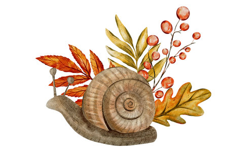 Watercolor illustration of a snail with a spiral shell, surrounded by autumn leaves and berries. The earthy colors and detailed design give it a seasonal, nature-inspired, artistic touch.の写真素材
