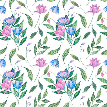 Elegant watercolor seamless pattern with hand drawn pink, blue and purple flowers, green leaves. Ideal for wedding invitation, textile, wallpaper, and stylish decor. Perfect for nature inspired designの写真素材