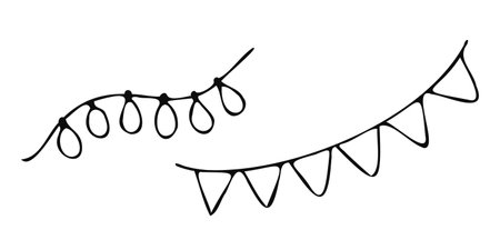 A festive vector illustration of black and white string lights in a hand-drawn style, perfect for Christmas and holiday-themed designs, decorations, greeting cards, and seasonal craft projects.のイラスト素材