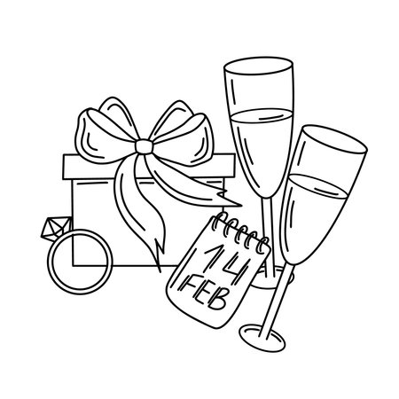 Hand drawn Valentines vector set with gift box, champagne glasses, ring, and calendar. illustration is in an outline style with clean lines. for card, invitation, packaging and decorationのイラスト素材