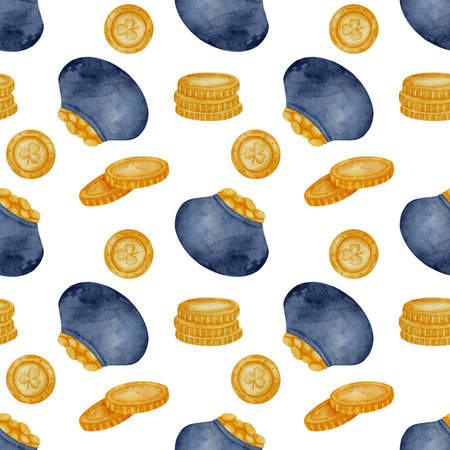 Seamless watercolor pattern with pots of gold, gold coins. A festive St Patricks Day design about luck, fortune, and Irish tradition. Perfect for wrapping paper, fabrics, and decorの写真素材