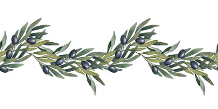 Hand drawn watercolor seamless border with olive branches, green and black olives. Natural botanical composition with leaves and fruits. Perfect for packaging, textile, invitation, backgrounds, printsの写真素材