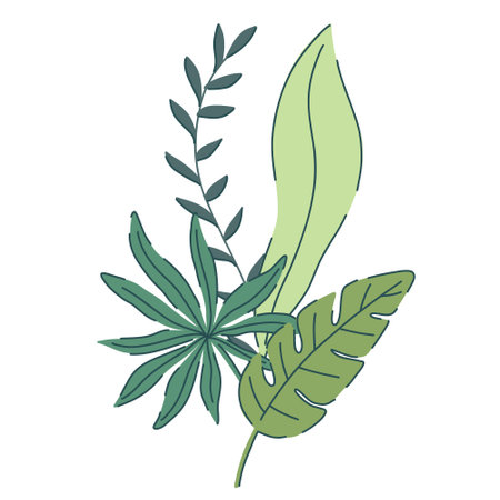 Hand drawn tropical leaves illustration featuring monstera and palm leaves in green shades. Modern flat design style. Perfect for botanical prints, web design, textile patterns, cards, and decorのイラスト素材