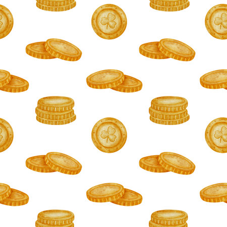 Hand drawn watercolor seamless pattern with gold coins. Realistic style, warm golden tones. Perfect for St Patricks Day, games, treasure themes, prints, stickers, greeting cards, scrapbooking, decor.の写真素材