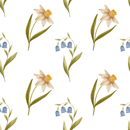 Hand drawn seamless pattern with watercolor spring flowers illustration, bluebell and daffodil in vintage style. Muted pastel colors. Use for print, greeting cards, decor, packaging, brandingの写真素材