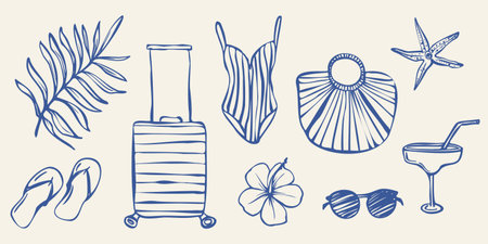 Hand drawn summer vacation elements including tropical flowers, leaves, drinks, swimwear, bag, sunglasses. Black and white line art style. Suitable for coloring books, posters, packaging, web stickersのイラスト素材