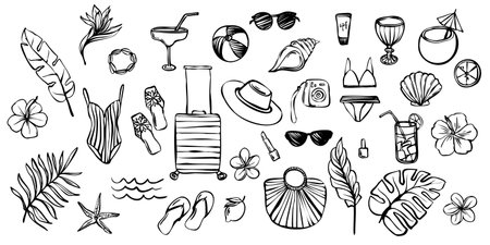 Hand drawn vector outline summer vacation elements including tropical flowers, leaves, drinks, swimwear, suitcase, hat. Black and white ink line art style for coloring books, packaging, web, stickersのイラスト素材