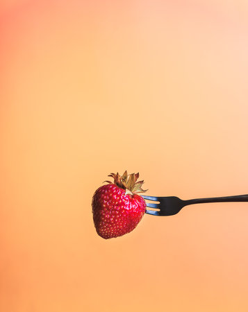 Large red strawberry on bright yellow warm background. place for textの写真素材