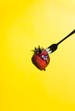 Large red strawberry on bright yellow warm background. place for textの写真素材