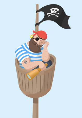 Cartoon Sleeping Hipster Pirate Sitting in Wooden Crows Nest.のイラスト素材