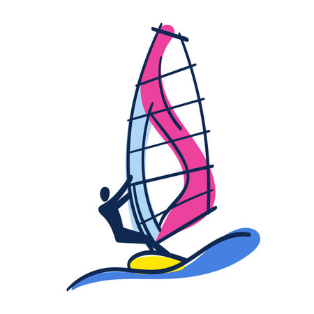 Bright Doodle Illustration of Windsurfer on Windsurfing board with Sail and Big Wave. Hand Drawn Sport Image Isolated on White Background.のイラスト素材
