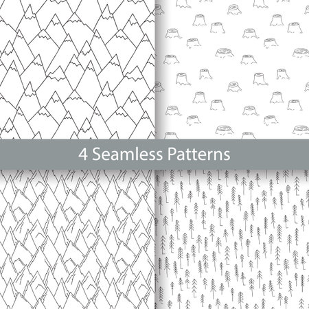 Nature Seamless Pattern Collection in Black and White. Set of Repetitive Textures with Hand Drawn Mountains, Firs and Stumps.のイラスト素材