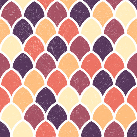 Vector Geometric Seamless Pattern. Repeating Abstract Background with Grunge Texture. Vintage Bright Graphic Ornament with Scale Shapesのイラスト素材