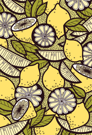 Graphic Summer Background with Fresh Lemons and Leaves. Colorful Vector Pattern Citrus Fruits Backdrop. Decorative illustrationのイラスト素材