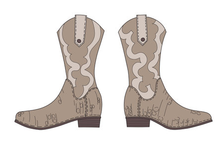 Traditional cowboy boots hand drawn vector illustration. Wild west texas western rodeo footwear. Doodle color fashion element isolated on white backgroundのイラスト素材