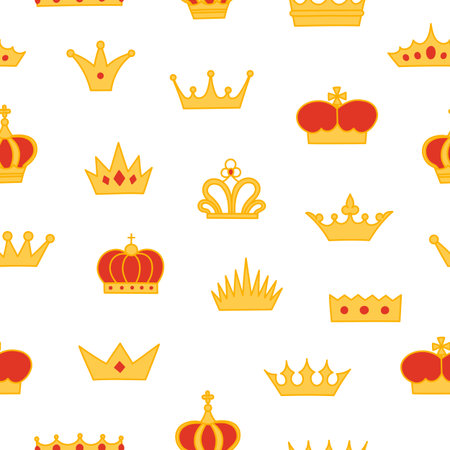 Vintage cartoon seamless pattern with many different crowns for wallpaper design. Textile ornament. Royal fabric texture print. Vector kids background.のイラスト素材