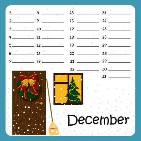 Vector birthday calendar for December with Christmas wreath and Christmas tre in the windowのイラスト素材