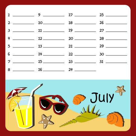 Vector birthday calendar for July with shells, glasses and glass of exotic drinkのイラスト素材