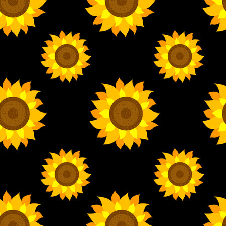 Seamless vector pattern with cute sunflowers on black backgroundのイラスト素材
