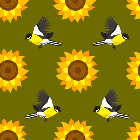 Seamless vector pattern with cute sunflowers and  on olive backgroundのイラスト素材
