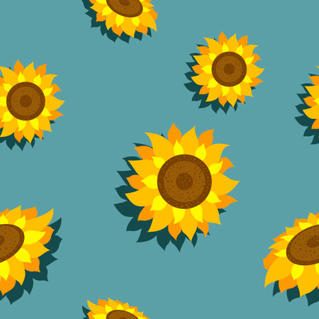 Seamless vector pattern with sunflowers on blue backgroundのイラスト素材